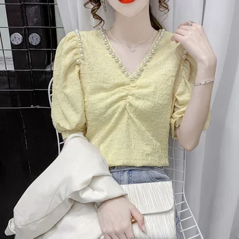 Vasaros korėjos versija 2021 naujų užsienio stiliaus perlas V-kaklo dizaino prasme yra plonas raukšlės burbulas trumparankoviai marškinėliai top moterims