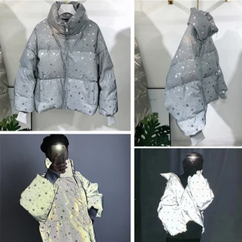 Žiemos Moteris Streetwear Žemyn medvilnės Negabaritinių Atspindinti Striukė Trumpas Šiltas Moterų Kailis Snaigės China Parko Medvilnė Paminkštinimas Striukė