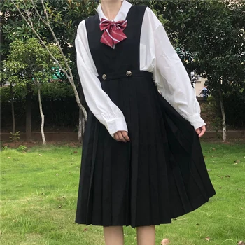 Japonijos Saldus Lolita Kolegija Stiliaus Liemenė Suknelė Vidutinio Ilgio Juoda JK Vienodas Suspender Sijonas Klostuotas Kawaii Drabužiai Suknelė