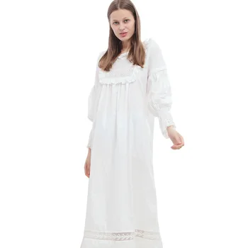 Teismas retro ilgomis rankovėmis Princesė nightdress baltos medvilnės pižama moterims, didelis laisvas nėrinių namų drabužiai
