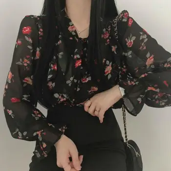 Gėlių Spausdinti Boho Marškinėliai Moterims Korėjos Elegantes Pynimas Šifono Palaidinė Ponios Viršūnes Ilgomis Rankovėmis Palaidinės Moteris 2021 Chemisier Femme 0