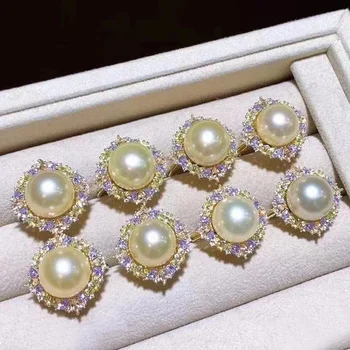 HENGSHENG Elegantiškas 11-12mm Šviesiai Auksinės Perlų Žiedas Reguliuojamas Dydis Šviečia Cirkonis 925 Sterlingas Sidabro Žiedai Moterų Vestuvių Papuošalai
