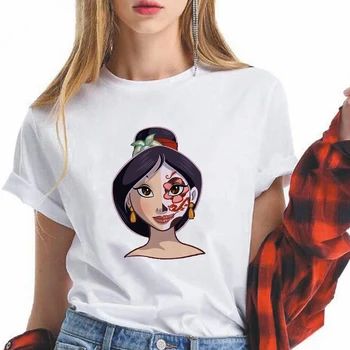 O-Kaklo Trumpomis Rankovėmis Disney Dieną Mirusiųjų Kaukolės Princesė Jasmine Spausdinimo Moterų Marškinėliai Dropship Tees Moterų Animacinių Filmų T Shirts