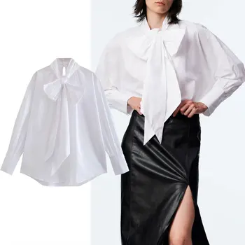 Moterų Marškinėliai Balti Office Moteris Palaidinės 2021 Metų Mados Rudenį Lankas-mazgas Vintage Marškinėliai Topai Atsitiktinis ilgomis Rankovėmis Elegantiška Palaidinė 0