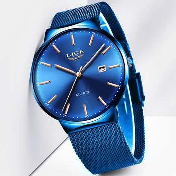 LIGE vyriški Laikrodžiai Naujas Prabangus Žiūrėti Vyrų Mados Sporto Kvarco Žiūrėti Nerūdijančio Plieno Tinklelio, Dirželis Ultra Plonas Dial Data Blue Laikrodis