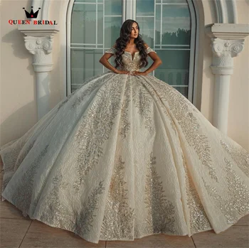 Reljefiniai Princesė Vestuvių Suknelės, Blizgančiais Tiulio Nėrinių Appliques Prabanga Oficialų Dubajus Nuotakos Suknelė Užsakymą Padaryti JY48