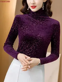 Moterų 2021 M. Pavasario Žiemos Basic Marškinėliai Slim Įrengtas Elegantiškas Office Lady Black Golfo Viršūnes Palaidinė 1373