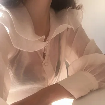 2020 M. Rudenį Naujų Elegantiškos Moterys Perspektyvos Palaidinės Korėjos Raukiniai Apykakle Ilgomis Rankovėmis Elegantiškas Marškinėliai Derliaus Seksualus Blusas Mujer