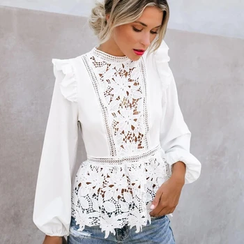 Moterims Palaidinės Gėlių Nėrinių ilgomis Rankovėmis Balta Ponios Pynimas Tuščiaviduriai Iš Marškiniai, Elegantiškas Palaidinė Vasaros Streetwear S-XL 0