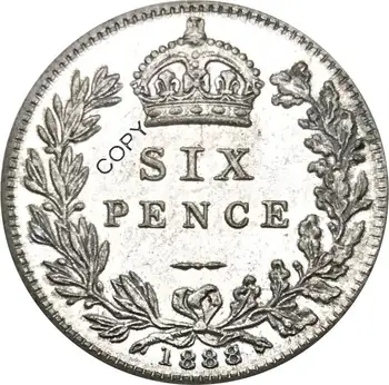 Didžiosios Britanijos 1888 VIATORIA DEI GRATIA BRITT REGINA ŠEŠIŲ PENSŲ Žalvario, Sidabro Padengtą Kopijuoti Monetos