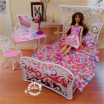 Barbie Doll Baldų Priedai Žaislas Princesė Lovos, tualetinis staliukas, Kėdė Pagalvę Virtuvės, Miegamojo, Atostogų Dovanų Mergaitė 