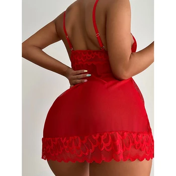 Seksualus Sleepwear Deep-V Naktį Suknelė Moterims Miega Pižamą Raudonos Nėrinių Nightie Apatinis Trikotažas Rankovių Mini Suknelė Homewear