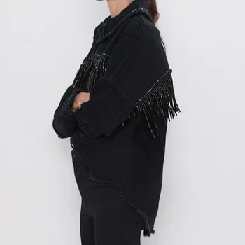 Rudenį marškinėliai džinsinio striukė juoda plauti striukės pakraštyje susiuvimo kutas paltai moterims mados streetwear turn-žemyn mygtuką, kailis purus