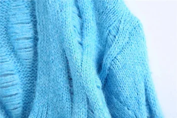 ZXQJ Moterų Blue Hole V Kaklo Minkštas Megzti Megztinis 2021 M. Rudens Mados Lady ilgomis Rankovėmis Atsitiktinis Megztinis Moteriška Tuščiaviduriai Iš Trikotažas
