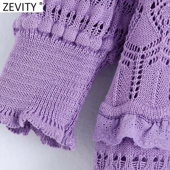 Zevity Naujas Moterų Saldus Siuvinėjimo Raukiniai Kratinys Trumpas Mezgimo Megztinis Lady Sluoksniuotos Rankovėmis Slim Violetinis Megztinis Apkarpyti Viršūnes SW872