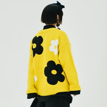 Imakokoni 2021 m. rudens ir žiemos originalus alpakų vilnos šilta geltona megztų gėlių megztinis ilgomis rankovėmis moteriški drabužiai 213510