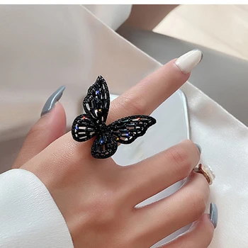 Paslaptingas Sexy Black Crystal Butterfly Juodas Žiedas Moterims Mergina korėjos bižuterijos Šalies Gotikos Perdėti Priedai