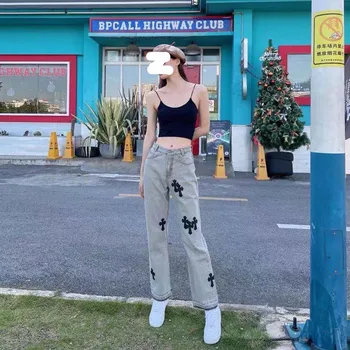 Streetwear Korėjos Mados Moterų Drabužiai Kryžiaus Aplikacijos Džinsai Moteris Aukštos Juosmens Y2k Tiesiai Baggy Kelnės Atsitiktinis Džinsinio Audinio Kelnės