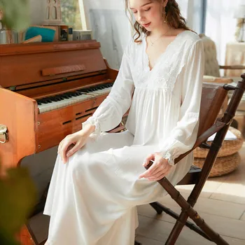 Naujas Nightdress Moterų Nėrinių Medvilnės Ilgomis Rankovėmis Princesė Vingtage Elegantiškas, Ištaigingas Stilingas Pižamą Moterims Pavasario Sleepdress Panele