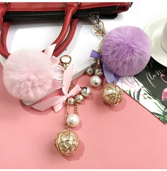 Naujas kailio kamuolys Pliušinis keychain Pearl kutas pakabukas raktų grandinės moterų žavesio maišelį pakabukas pakabukas automobilių paketų prižiūrėtojų raktinę gražios dovanėlės