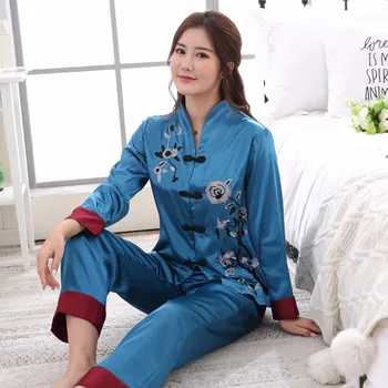 2VNT Kinų Stiliaus Moterų Siuvinėjimo Gėlių Pižama Nustatyti Karšto Pardavimo Satino Pižamos Kostiumas Naujovė Mygtuką Sleepwear M L XL XXL, 3XL