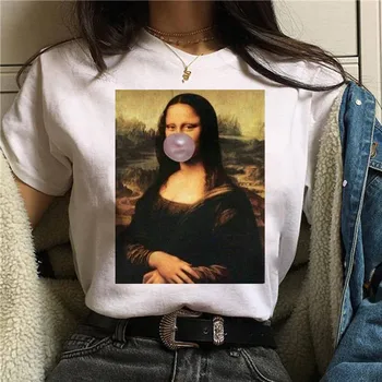 Mona Lisa Spausdinti Harajuku Marškinėliai Moterims Grunge Juokinga Baltos spalvos marškinėlius Ullzang Derliaus 90s Marškinėlius Naujas Mados Viršuje, Trišakiai Moteris
