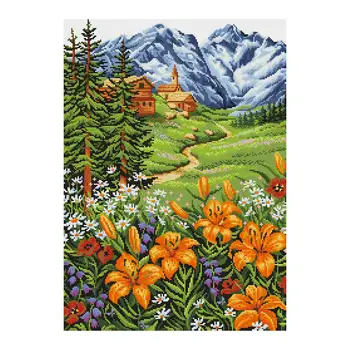 Alpių Pievos Gėlių Name Diamond Tapybos Turo Visiškai Gręžimo PASIDARYK pats Mozaika, Siuvinėjimas 5D Kryželiu Gėlių Vaizdingas Nuotrauką