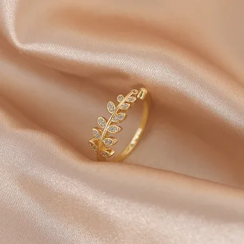 Prabangus Cirkonis Kristalų Lapų Formos Atidarymo Žiedai Moteris Neįprastų Priedai Korėjos Bižuterijos Šalies Merginos Žiedai