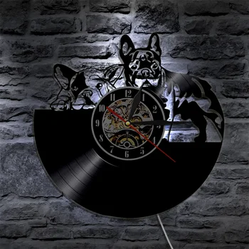 Šunys Siluetas Vinilo Įrašas Sieninis Laikrodis prancūzų Buldogas Sieniniai Laikrodžiai, Modernus Dizainas, LED Apšvietimas, Apšvietimo Dovana Šunų Mylėtojas reloj