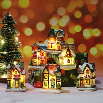 Mini Kalėdų Dervos Kaime Namas Skulptūra LED Žėrintis Kaime Figūrėlės Kalėdų Pakabukas Ornamentu Naujųjų Metų Vaikams Dovanos