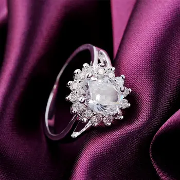 Gražus , antspaudu SIDABRO žiedas CZ Cirkonis Kristalų mielas gana mados Vestuvių sidabro spalvos moterims Lady Žiedas papuošalai