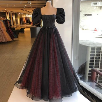 Elegantiškas Trumpas Rankoves Arabų Vakarinę Suknelę Šalis Suknelė Kvadratinių Kaklo Akmenys Duobute Linija, Black Dot Tiulio Prom Dresses