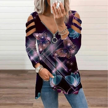 2021 m. Rudenį Moterys Geometrinis Spausdinti Negabaritinių marškinėliai ilgomis Rankovėmis nuo Peties Ponios Viršų Užtrauktukas Derliaus Harajuku Moterų Tee