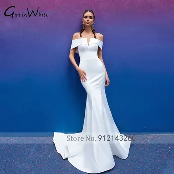 Karšto Pardavimo Undinė Vestuvių Suknelės 2021 Satin 2 In 1 Nuimamas Traukinio Nuotakos Suknelė Elegantiškas Valtis Kaklo Užtrauktukas Baltos Vestuvinės Suknelės