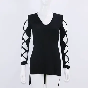 2018 m. Europos Stiliaus Moterų Mados Viršuje, V-Kaklo, ilgomis Rankovėmis Laisvi Juodas Nereguliarus Hem Puloveris Atsitiktinis marškinėliai marškinėlius Tees