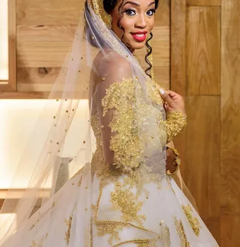 A-line Aukso Nėrinių Vestuvių Suknelės Nigerijos Nuotaka 2021 Afrikos, Artimųjų Rytų Bažnyčios ilgomis Rankovėmis Vestuvių Suknelė Koplyčia Traukinys