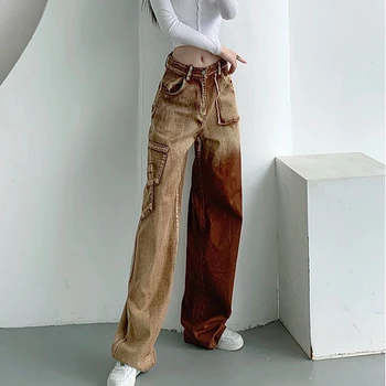Ruda Aukšto Juosmens Moterų Džinsus Gradientas Mados Kišenės Kratinys Baggy Džinsinio Audinio Kelnės Harajuku Derliaus Prašmatnus Y2k Kelnės Streetwear