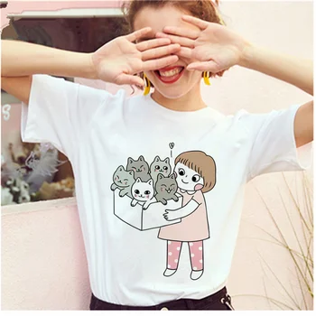 AOWOF Kawaii Funny Cat Meilės Teacup T-shirt Moterims, Dovana, Print T-shirt Vasaros Harajuku Laisvi marškinėliai Streetwear Viršuje Tee