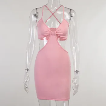 2022 Naujas Elegantiškas Moterų Suknelė Seksualus Tuščiaviduriai Iš Parodyti Krūtinės Plonas Juosmens Diržas Moterų Mini Suknelė Juodos spalvos Berankovė Camisole Clubwear
