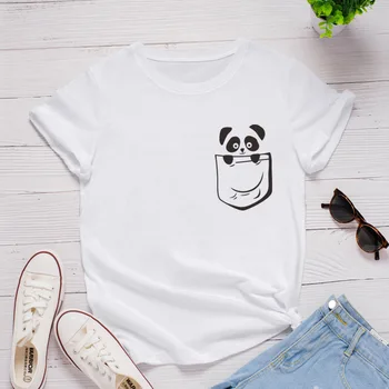 Mielas Kišenėje Panda Print Moterų Marškinėliai Trumpomis Rankovėmis O Kaklo Prarasti Moterų Marškinėlius Ponios Marškinėliai, Topai Drabužius Camisetas Mujer