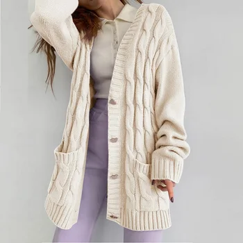 Moterų ilgas džemperis susagstomi megztiniai 2021 m. rudens ir žiemos naujas kišenės mygtuką, saldus, purus midi megzti cardigan megztiniai moteris striukė