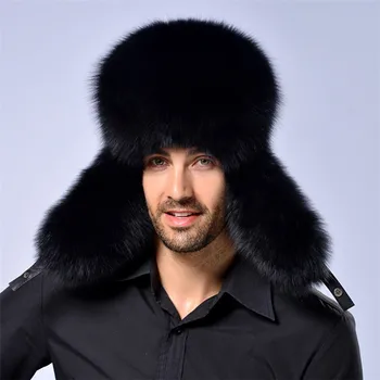 Natūralaus lapės kailio rusijos aviacijos kepurė su ausų Ushanka vyrų žiemą šiltas, purus mados vyrų uodega bžūp mados odos šiaudų skrybėlę