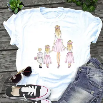 Moterys Myli Širdies 90s Grafinis Šeimos Meilės, Mama, Mama Animacinių filmų Spausdinti Trumpas Rankovės Kawaii Moterų Drabužiai Viršūnes Tees Marškinėlius (T-Shirt