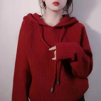 Raudona gobtuvu megztinis moterų rudenį ir žiemą naujas sutirštės prarasti tingus Megztinis su Gobtuvu atsitiktinis laisvas megztinis