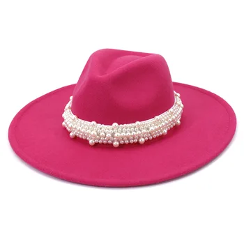 Fedora Skrybėlę Paprasta nauja persikas širdies viršuje džiazo top hat moterų elegantiškas pearl 9.5 CM didelis kraštų skrybėlę rudens ir žiemos pora skrybėlę didmeninės