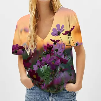 Gėlių Atspausdintas moteriški marškinėliai Harajuku Vasaros Atsitiktinis Moterų Drabužius trumpomis Rankovėmis 3d Tshirts Femme Streetwear V-kaklo Viršūnes Tee