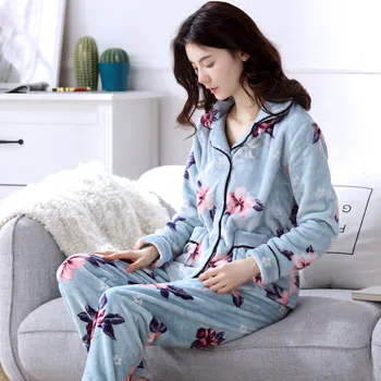 2021 Žiemos Pižama Nustatyti Moterų Sleepwear Šiltas Flanelė Ilgomis Rankovėmis Pijamas Merginos Homewear Tirštėti Namų Paslauga Kostiumas Pižamos Moterims