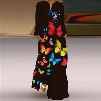 Ilgą Rudenį Suknelės Kišenėje Seksualus V-kaklo, ilgomis Rankovėmis Gėlių Spausdinti Suknelė Moterys Šalis Bohemijos Kulkšnies Ilgis Derliaus Suknelės 2021