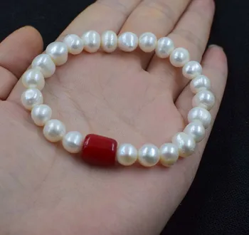 Gėlavandenių perlų balta netoli raundas 8-9mm+ jade apyrankę raudonos/žalios/geltonos/oranžinės, raudonos, koralų 7.5 colių FPPJ didmeninė karoliukai pobūdis