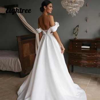 Eightree Paplūdimys Vestuvių Suknelės 2021 Balta Off Peties Satino Nuotakos Suknelė Be Rankovių Aukštos Padalinta Boho Seksualus Vestuvinių Suknelių Plius Dydis